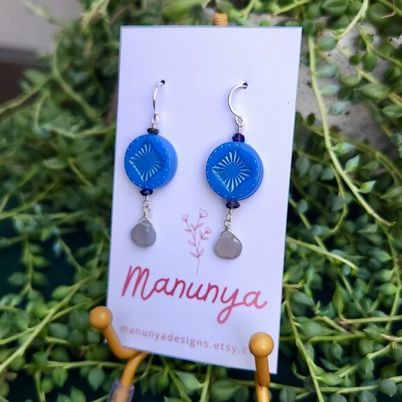 Boho Semi-Precious Stone Dangle Earrings - White, Blue, Purple - Picture 6 of 10